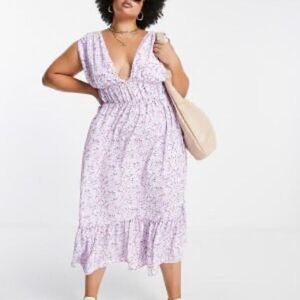ASOS Curve purple floral midi dress with tie back detail, size US 16